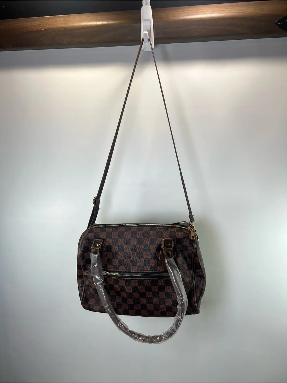 Brown Monogram Style Satchel Purse Gold Tone Hardware Fashion Handbag Flaw